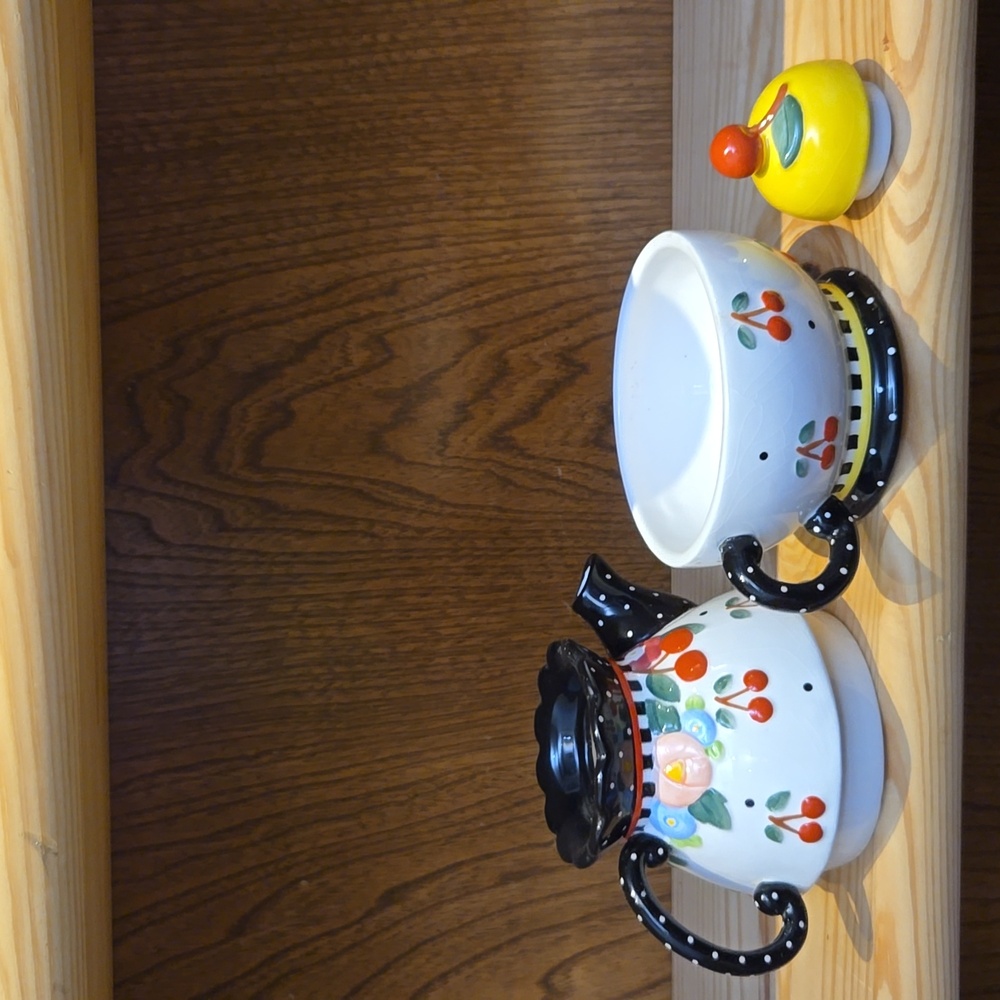 Mary Engelbreit Cherry Tea Pot with Cup and Lid - Picture 2 of 9
